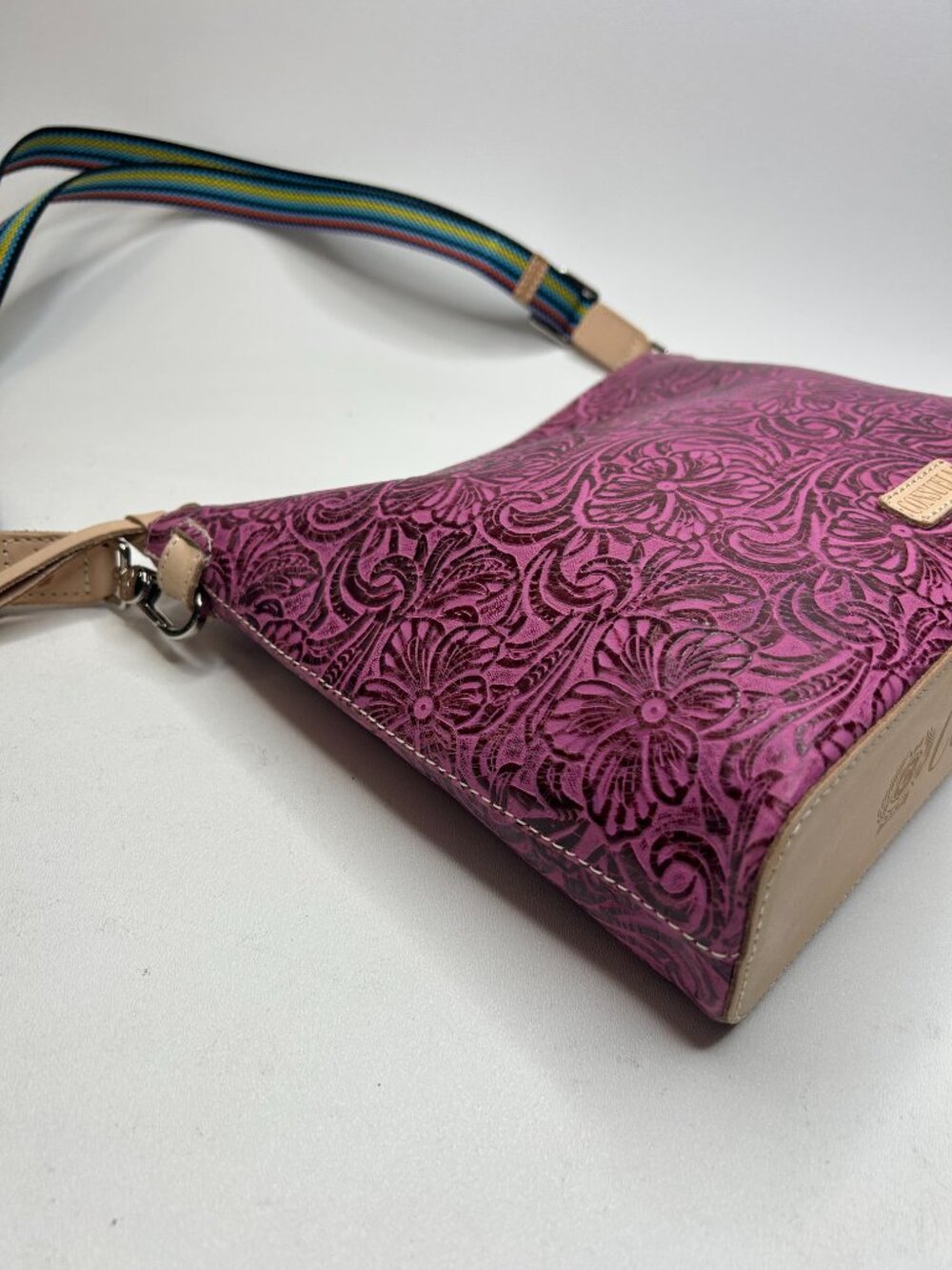 CONSUELA Mena Downtown Women's Fuchsia Tooled Leather Crossbody - Picture 6 of 11